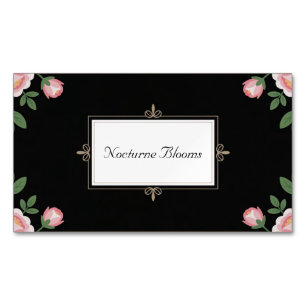 Elegante rosa Rosenblüten goldene Schnörkel Schwar Magnetische Visitenkarte