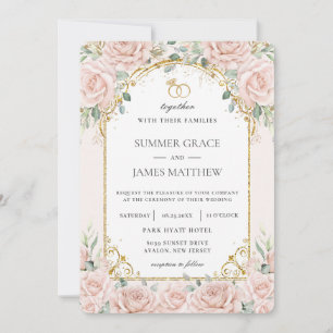 Elegante Rosa Roses Bloral Gold Hochzeit Einladung