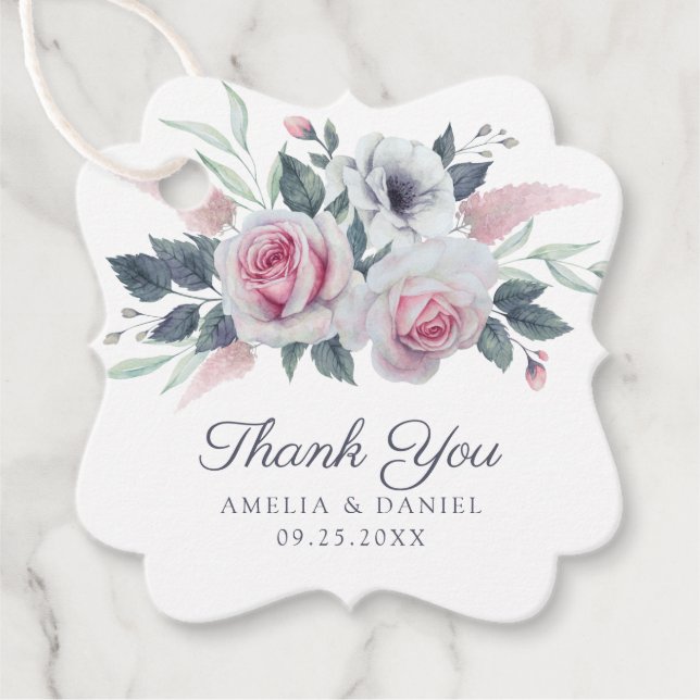 Elegante Rosa Roses Wasserfarbe Blumenblauer Hochz Geschenkanhänger (Vorderseite)