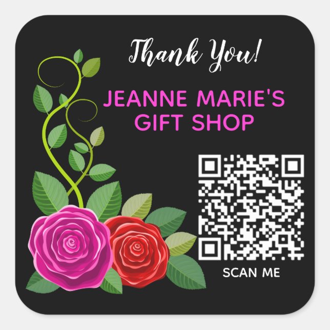 Elegante Rosa & Rote Rose Blume Danke QR Code Quadratischer Aufkleber (Vorderseite)