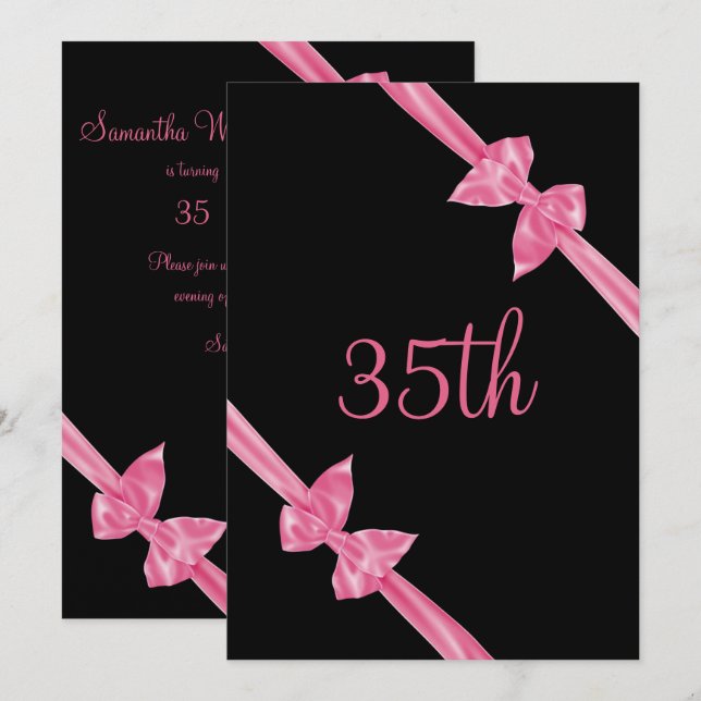 Elegante rosa Satin-Bogen-35. Geburtstag Einladung (Vorne/Hinten)