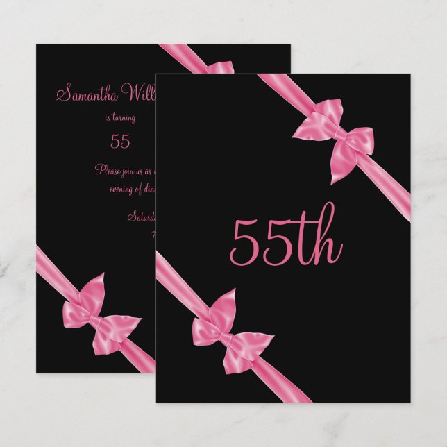 Elegante rosa Satin-Bogen-55. Geburtstag Einladung (Vorne/Hinten)