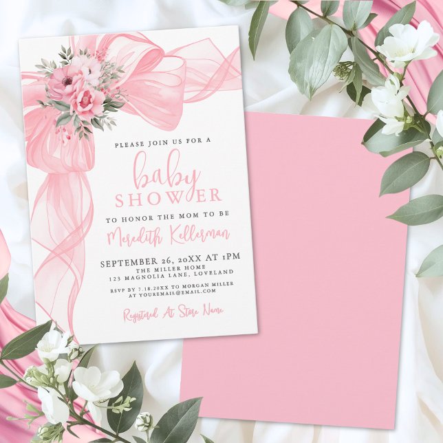 Elegante rosa Schleife Baby Shower Einladung (Elegant Pink Bow Baby Shower Invitation)
