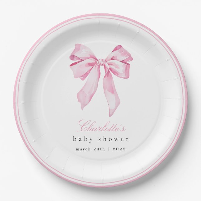 Elegante rosa Schleife Baby Shower  Pappteller (Vorderseite)