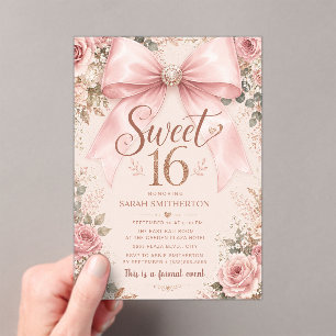 Elegante rosa Schleife Coquette formelle Sweet 16 Acryleinladungen