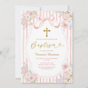Elegante rosa Schleife Coquette Mädchen Taufe Flor Einladung