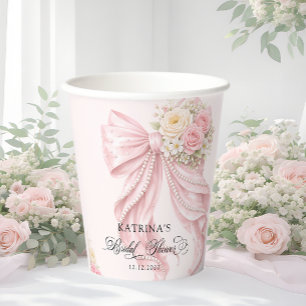 Elegante rosa Schleife Floral Coquette Brautparty Pappbecher