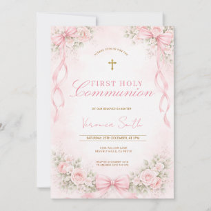 Elegante rosa Schleife Florale Erstkommunion Einladung