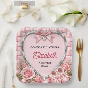 Elegante rosa Schleife Mädchen Baby-Party Pappteller