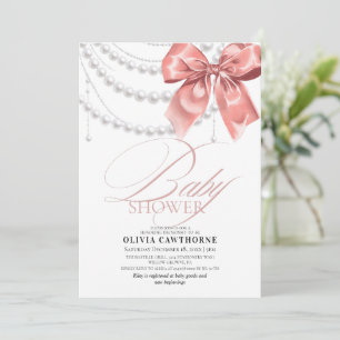 Elegante Rosa Schleife Perlen Baby Shower Einladung