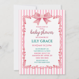 Elegante rosa Schleife und Vintage-Rose Baby Showe Einladung
