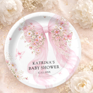 Elegante rosa Schleife Wildblumen-Baby-Party Pappteller