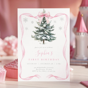 Elegante rosa Schleife Winter Onederland erster Ge Einladung