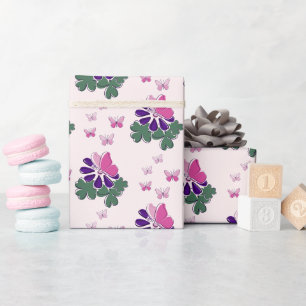 Elegante rosa Schmetterlinge und violette Blumen Geschenkpapier