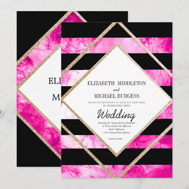 Elegante rosa Schwarz-weiße und kupferfarbene Hoch Einladung (Vorne/Hinten)