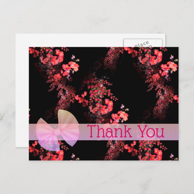 Elegante rosa Schwarze Flora Danke Postcard Postkarte (Vorne/Hinten)