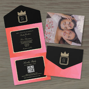 Elegante rosa-schwarze goldene Monogramm-Hochzeits All In One Einladung