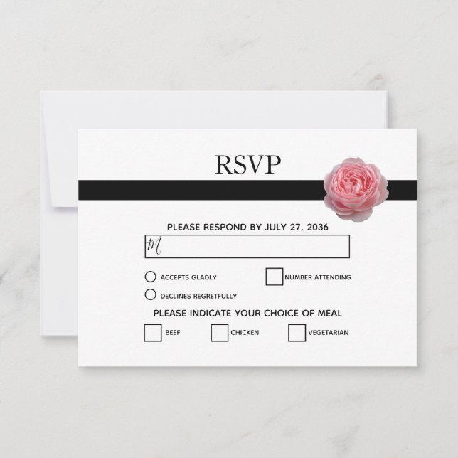 Elegante rosa schwarze Ribbon Wedding RSVP Karten (Vorderseite)