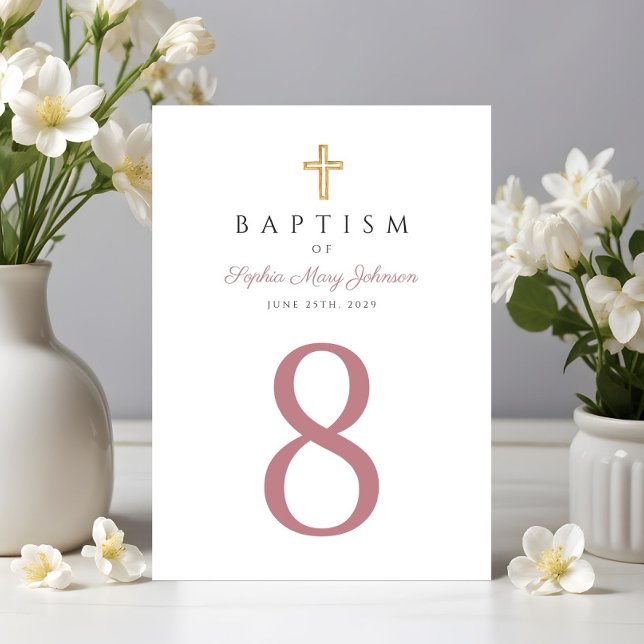 Elegante rosa Script religiöse Cross Girl Taufe Tischnummer (Religious Cross Pink Girl Baptism Table Number)