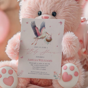 Elegante Rosa Stork Baby Dusche mit Schmetterlinge Einladung