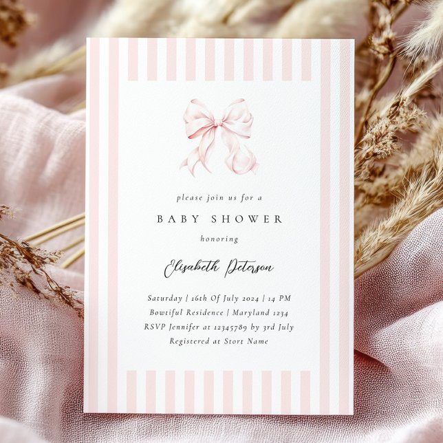 Elegante rosa Streifen Bow Baby Shower Baby Dusche Einladung (Von Creator hochgeladen)