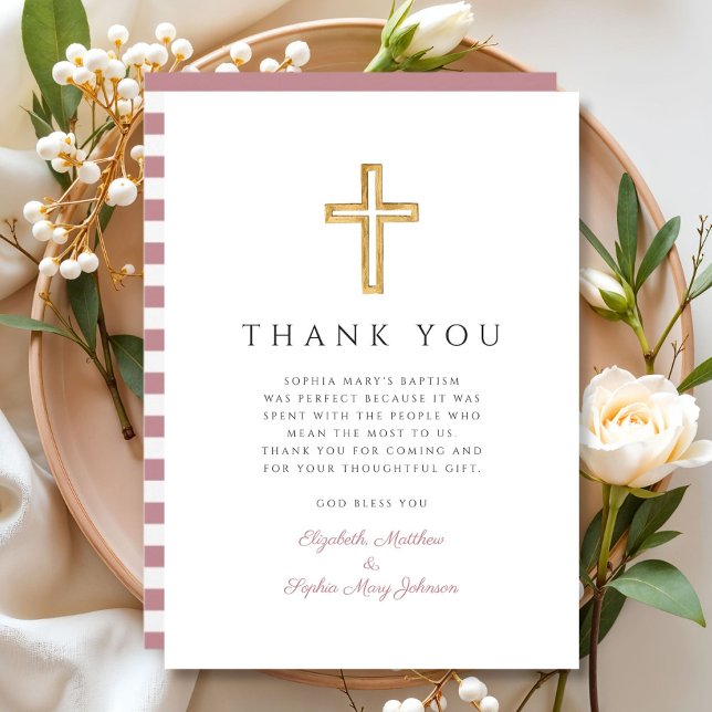 Elegante rosa Streifen Religiöse Cross Girl Taufe Dankeskarte (Elegant Pink Stripes Religious Cross Girl Baptism Thank You Card)
