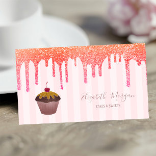 Elegante rosa Streifen Tautropfen Cupcake Kirsche Visitenkarte
