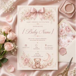Elegante rosa Teddybär-Baby-Party Einladung