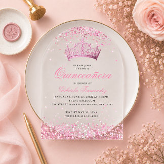 Elegante rosa Tiara Quinceañera-Einladung Acryleinladungen