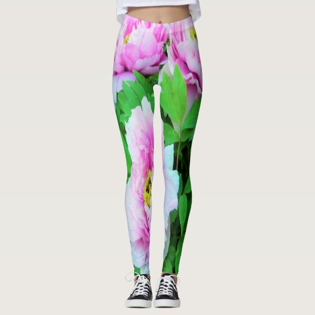 Elegante Rosa Tree Peony Blume mit Gelbzentrum Leggings (Vorderseite)