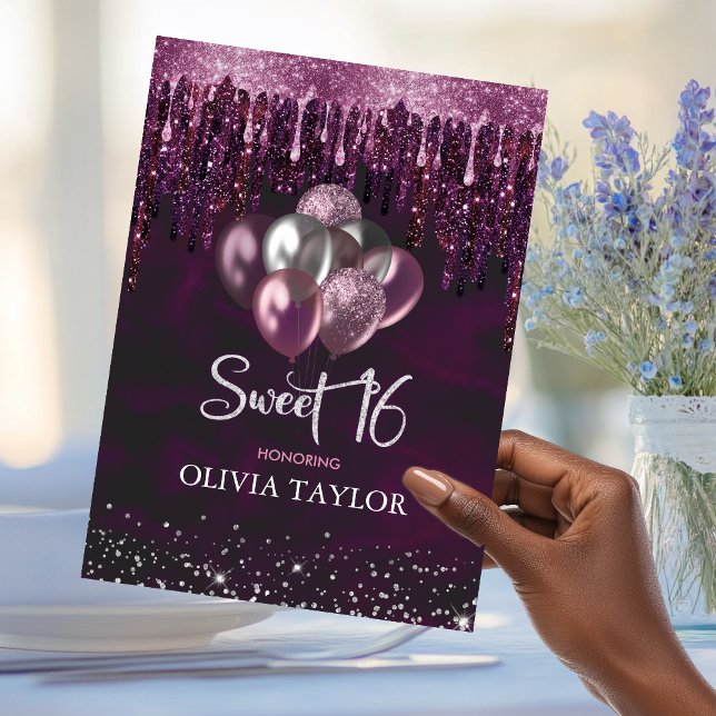 Elegante rosa Tropfen Glitzer Ballons süß 16 i Einladung (Von Creator hochgeladen)