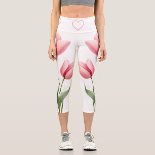 Elegante rosa Tulpen Blumen- und Herz-Mutter-Gesch Capri Leggings