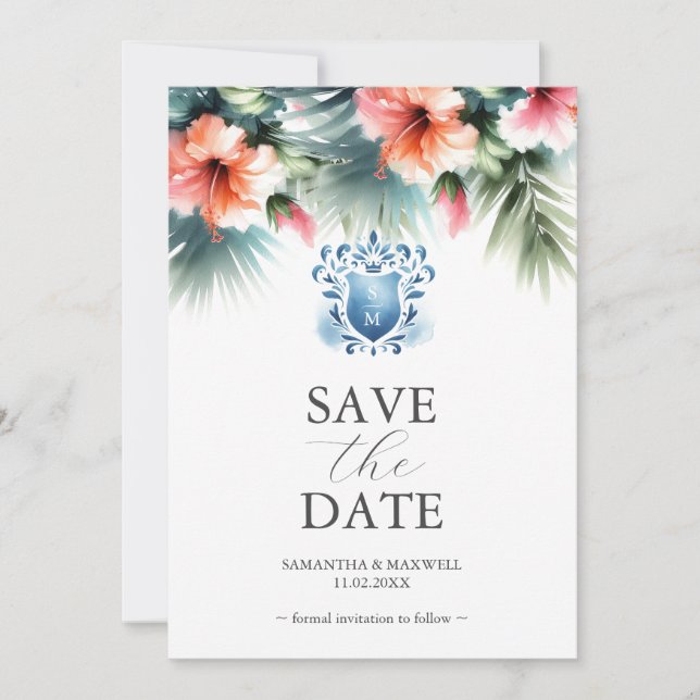 Elegante Rosa und blaue Blüte speichern die Datums Save The Date (Vorderseite)