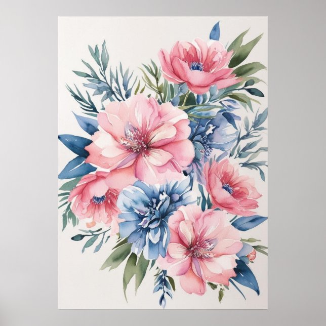 Elegante rosa und blaue Flora Kunst Poster (Vorne)