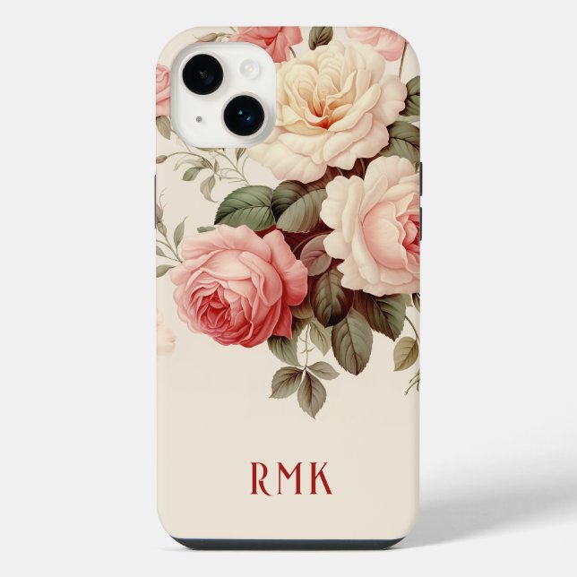 Elegante Rosa- und Blush-Rose mit Monogramm iPhone Hülle (Rückseite)