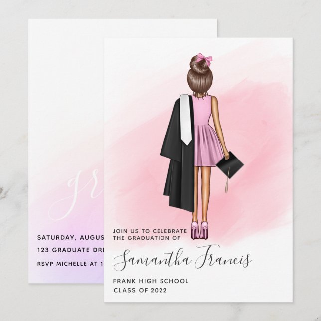 Elegante Rosa und Braun Girl Graduation Party Invi Einladung (Vorne/Hinten)