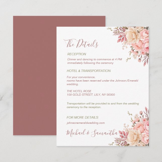 Elegante Rosa- und Elfenbeinfrühlings-Hochzeit der Begleitkarte (Vorne/Hinten)