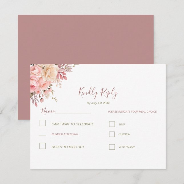 Elegante Rosa- und Elfenbeinfrühlings-Hochzeit der RSVP Karte (Vorne/Hinten)