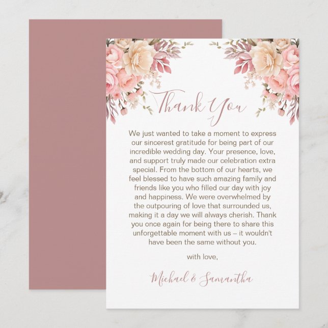 Elegante Rosa- und Elfenbeinhochzeit - Rose Dankeskarte (Vorne/Hinten)