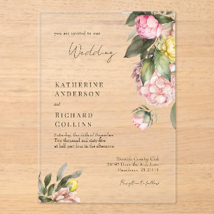Elegante rosa und gelbe Pfingstrosen-Hochzeit Acryleinladungen