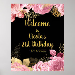 Elegante rosa und goldene Blumen Geburtstagsfeier Poster