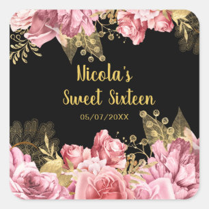 Elegante rosa und goldene Blumen Sweet Sixteen Quadratischer Aufkleber
