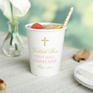 Elegante rosa und goldene Erstkommunion Mädchen Pappbecher