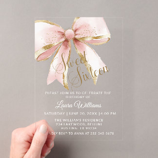 Elegante rosa und goldene Kokette-Schleife Sweet 1 Acryleinladungen