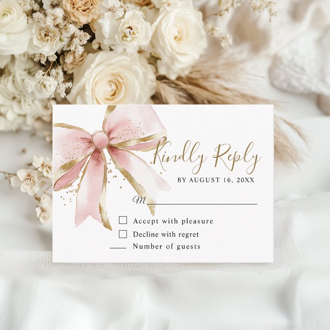 Elegante rosa und goldene Schleife Süße Antwort zu Begleitkarte (Watercolor coquette pink gold bow sweet sixteen Kindly Reply card)
