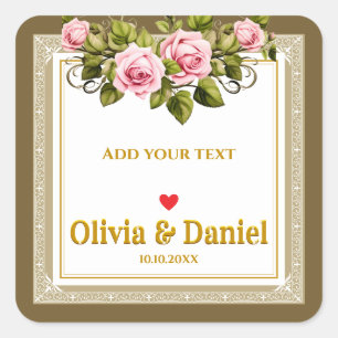 Elegante rosa und goldene Schrift Hochzeit Quadratischer Aufkleber