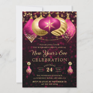 Elegante rosa und goldene Winterkugeln Silvester Einladung
