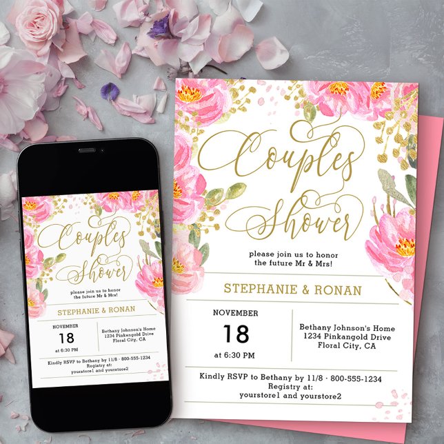 Elegante Rosa- und Goldflorenpaare Dusche Einladung (Couples Shower invitation from my Pink and Gold Watercolor Floral Collection
)