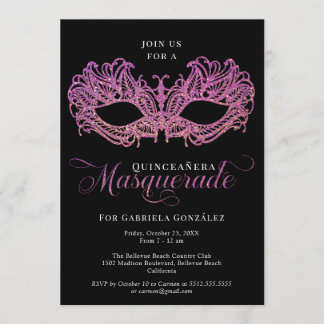 Elegante Rosa und Goldmasquerade Maske Quinceanera Einladung