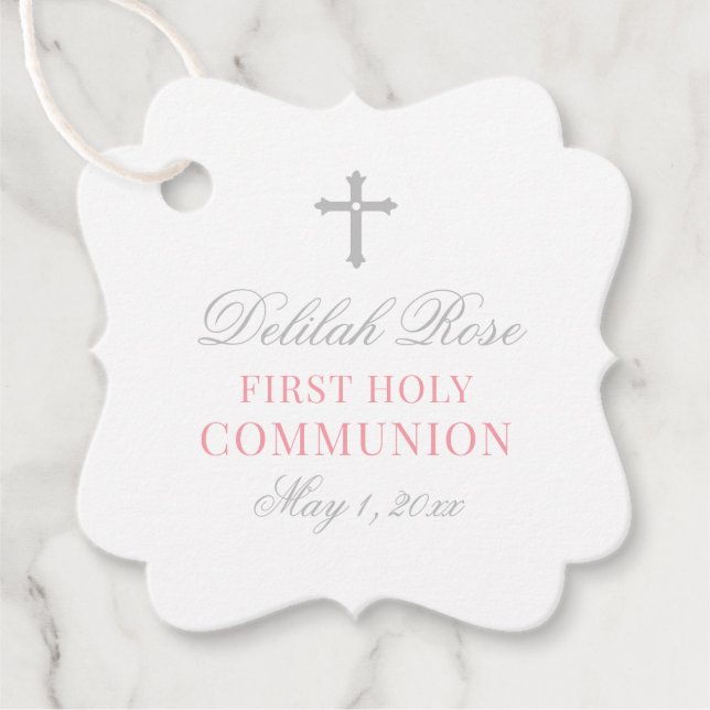 Elegante Rosa und Grau Erste Kommune für Mädchen Geschenkanhänger (Vorderseite)
